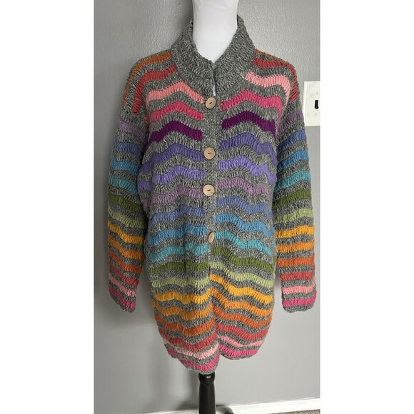 Pachamama Wool Hand Knit Multicoloured Cardigan Sz L Button Down Long Sweater - Picture 1 of 7